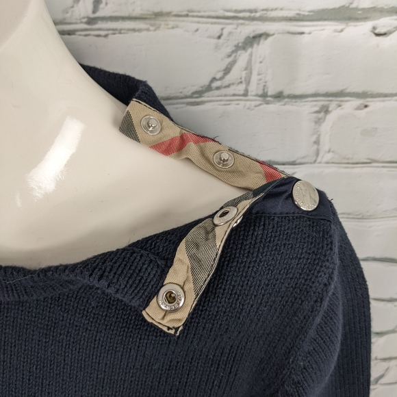 Burberry sweater dark navy blue long crew neck jumper shoulder snaps small fit - Picture 2 of 9